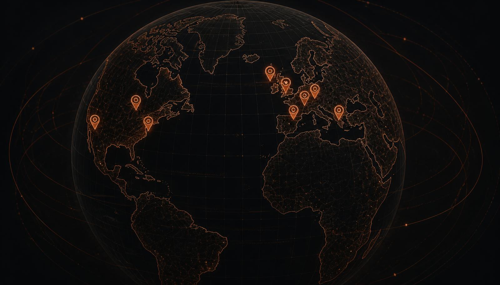 Wireframe globe with copper location pins marking Scrap Copper Prices franchise cities