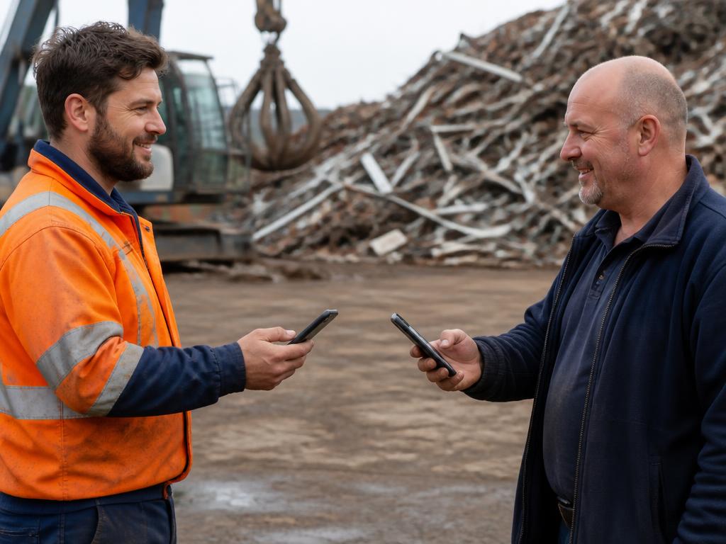 Tradesman and yard operator completing a digital bank transfer on their phones